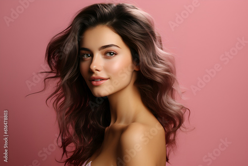 Fototapeta Generative ai studio portrait of beautiful woman brunette on color background
