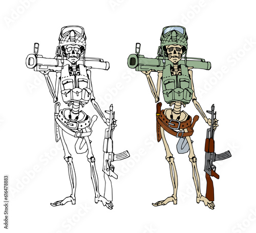 The risen dead soldier. A decayed infantryman. A skeleton warrior. Vector illustration with contour lines isolated on a white background in cartoon style.