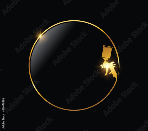 A vector illustration of Golden  Gun Paint Sprayer Logo Vector Icon  in black background with gold shine effect