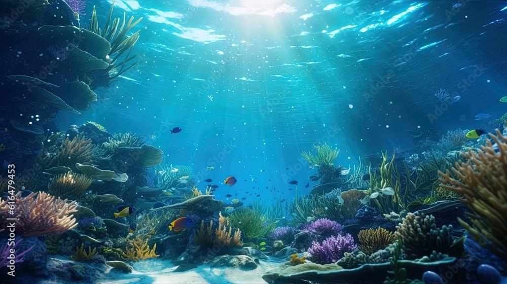 Underwater Scene With Coral Reef Underwater Blue Tropical Seabed With Reef And Sunbeam Underwater Scene With Coral Reef Underwater Blue Tropical Seabed With Reef And Sunbeam