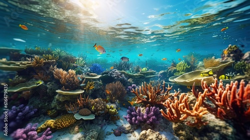 Underwater Scene With Coral Reef Underwater Blue Tropical Seabed With Reef And Sunbeam © Wanda
