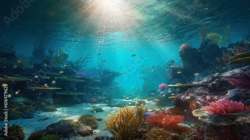 Underwater Scene With Coral Reef Underwater Blue Tropical Seabed With Reef And Sunbeam