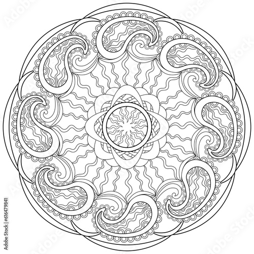 Colouring page, hand drawn, vector. Mandala 202, ethnic, swirl pattern, object isolated on white background.