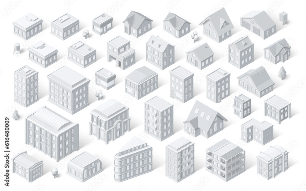 Isometric town buildings vector set Isometric town buildings vector set