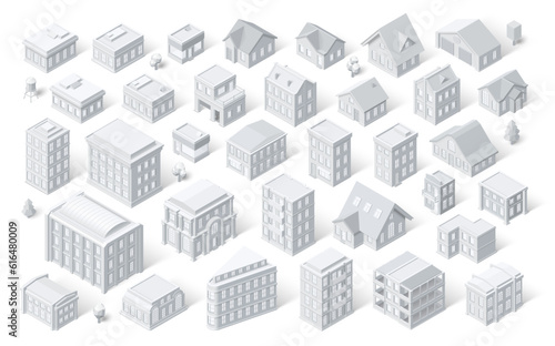 Isometric town buildings vector set