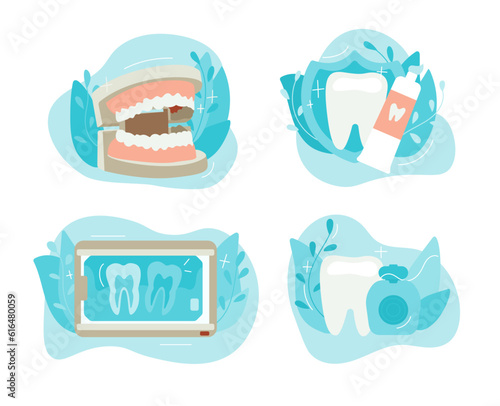 Dental healthcare abstract vector illustration set. Private dentistry, orthodontic services, dental aesthetic clinic, oral hygiene. Vector illustration