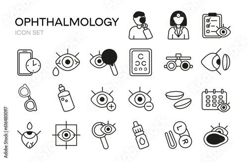Ophthalmology line icons set. Vision test, choice of glasses, flat icons collection for laser vision correction. Oculist consultation. Vector illustration