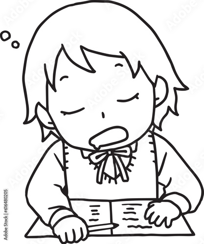 勉強中に居眠りする女子生徒線画