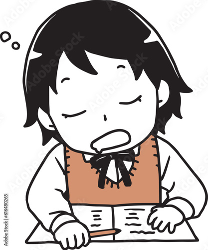 勉強中に居眠りする女子生徒単色