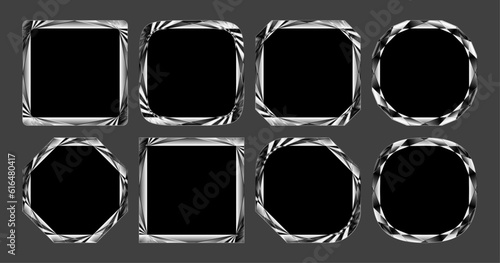 Chrome metal frames. Geometric silver square frame borders vector set