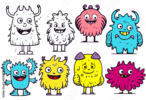 Cute Doodle Monster in Kid Simple Line Minimalist and Monochromatic in set of Vector.