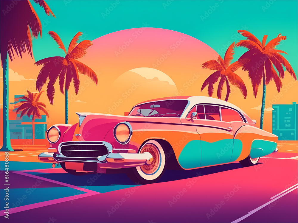 Retro , vintage pink car on the street in flat style. Palm trees. AI