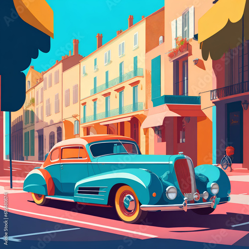 Retro , vintage blue car on the street in flat style. AI © Kei