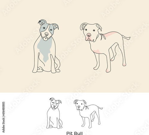Front view of standing dog, sitting pitbull. Continuous line art drawing style. Curious funny dog black linear sketch isolated on white background. Vector illustration. Isolated, freestanding graphic.