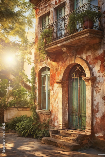 a colonial architecture  basked in the morning light  with ornate wooden window frames and built of old stones  AI generative