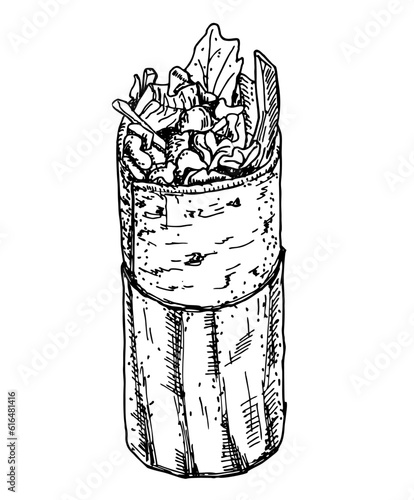 Shawarma, doner kebab sketch vector icon. Turkish fast food with meat and vegetables in pita bread. Meal on the grill of shawarma illustration. Take and go.