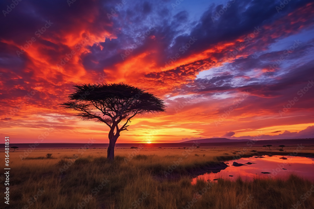 Obraz premium Vibrant colors of the African sunset. AI generative