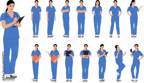 Hand-drawn healthcare worker. Happy smiling doctor with a stethoscope. Female nurse in blue uniform poses. Different color options. Vector flat style illustration set isolated on white