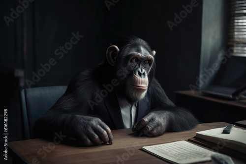 Funny chimpanzee monkey in business suit working at desk