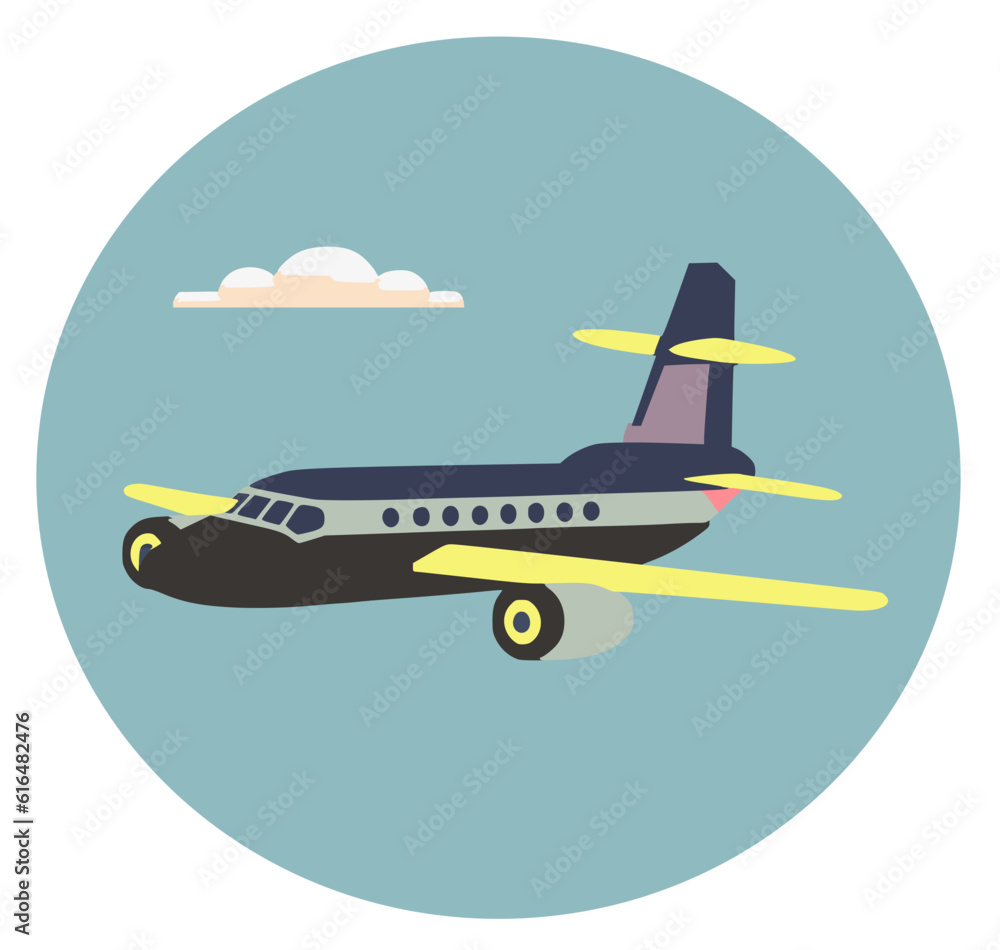 Private jet with yellow wings on a cerulean blue sky background; a vector illustration