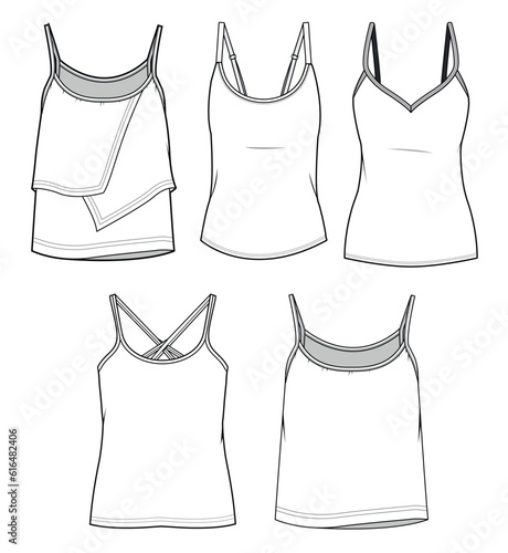 Women's Strappy Vest Tops, Camisole Top, Spaghetti Top Fashion Flat Sketch Vector Illustration, CAD, Technical Drawing, Flat Drawing, Template, Mockup.
