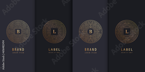 Vector set of logo design templates, brochures, flyers, packaging design in trendy linear art deco, letters in circles. Use for luxury products, wedding invitations, organic cosmetics, wine packaging