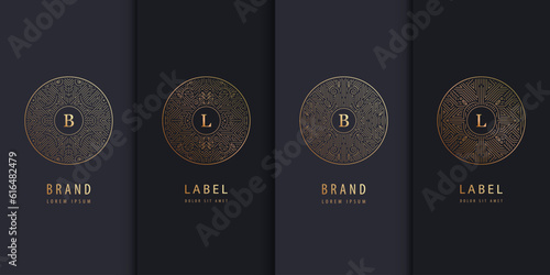 Vector set of logo design templates, brochures, flyers, packaging design in trendy linear art deco, letters in circles. Use for luxury products, wedding invitations, organic cosmetics, wine packaging