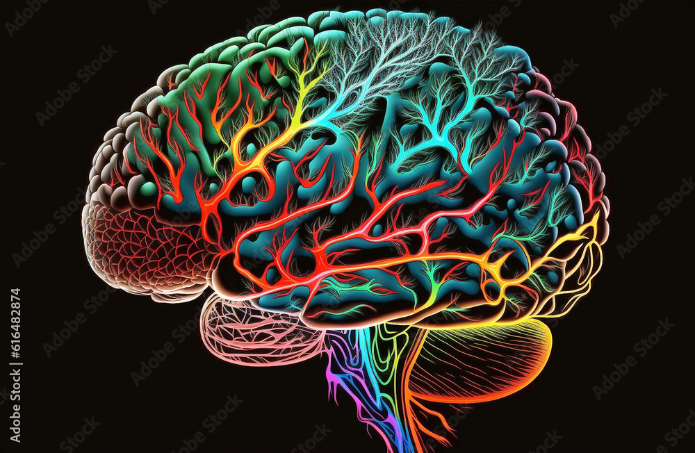 neon brain on a black background. ceated with generative AI technology neon brain on a black background. ceated with generative AI technology