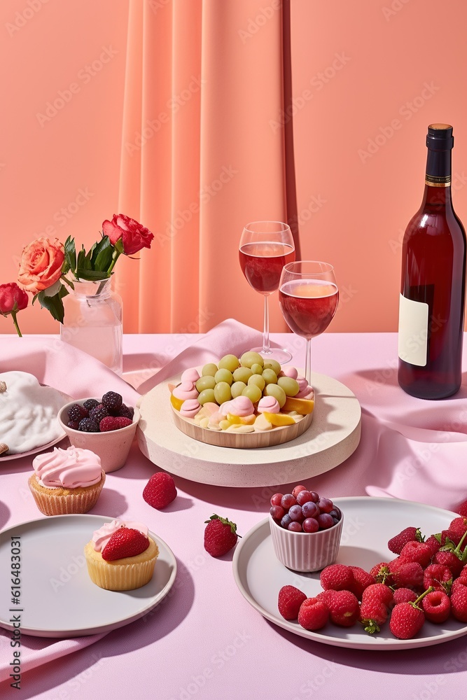 This picture captures a lively indoor brunch scene with a red-wine-filled table center-piece surrounded by vibrant plates of fruits and dishes, a delicious platter of treats, and stemware of sweetnes This picture captures a lively indoor brunch scene with a red-wine-filled table center-piece surrounded by vibrant plates of fruits and dishes, a delicious platter of treats, and stemware of sweetnes