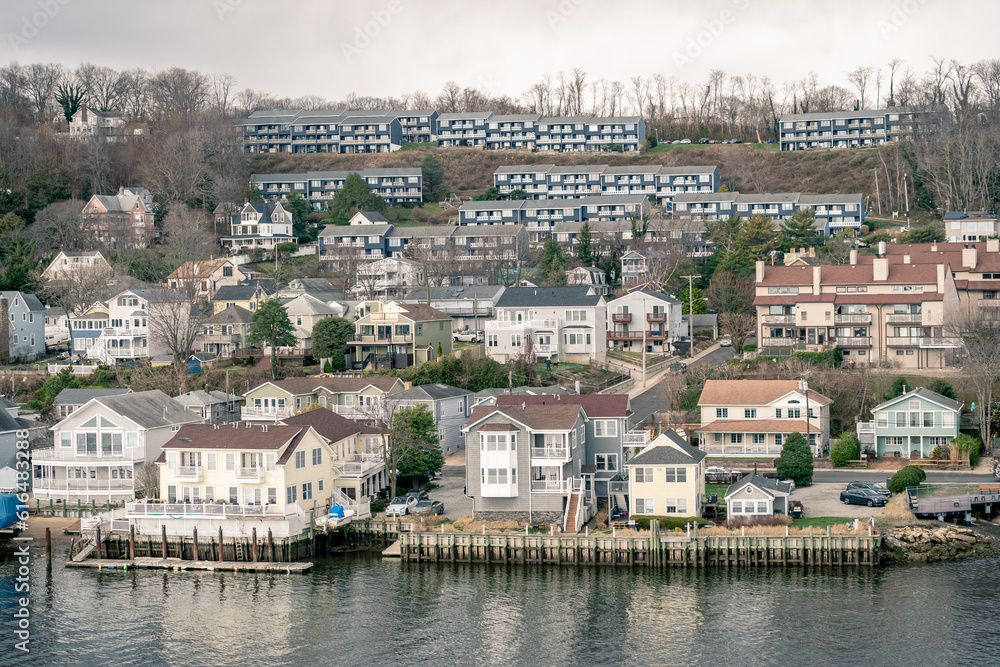Houses on Mountain Along Water at Beach in Highlands, New Jersey