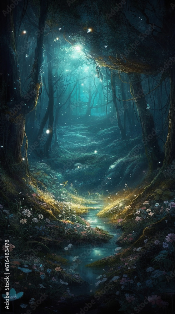 Silent moonlit night in a mysterious forest in a fairy tale, digital art, Generative AI