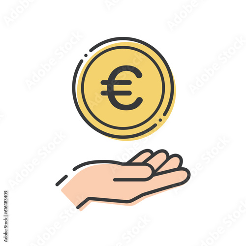 €の文字が入ったシンプルなコインと人の手のアイコン- ヨーロッパ諸国の通貨･ユーロのイメージ
