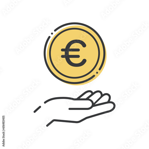 €の文字が入ったシンプルなコインと人の手のアイコン- ヨーロッパ諸国の通貨･ユーロのイメージ
