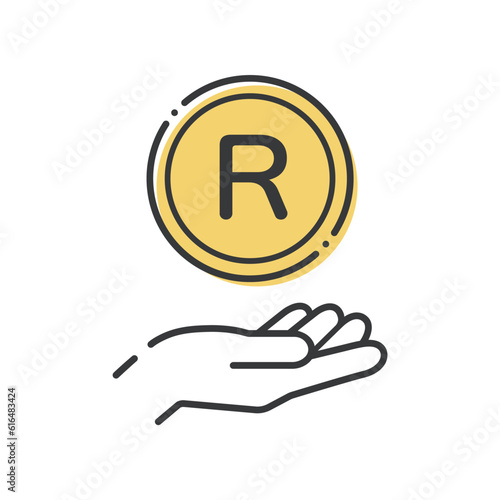 Rの文字が入ったシンプルなコインと人の手のアイコン- 南アフリカのお金･ランドのイメージ
