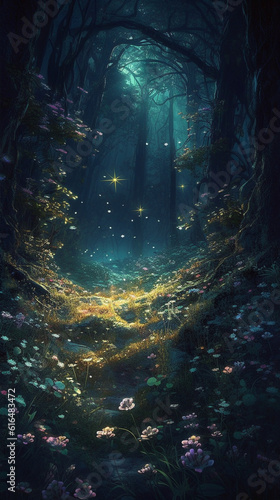 Silent moonlit night in a mysterious forest in a fairy tale  digital art  Generative AI
