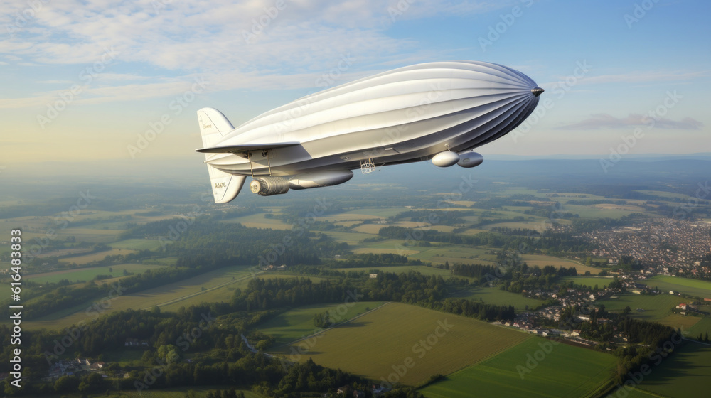 Obraz premium Aerial view of a zeppelin flying above land