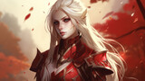 Illustration of a fantasy female blood elf in red armor