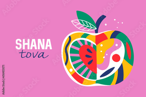 Jewish holiday Rosh Hashanah greeting card design with apple. Childish print for background, banner or poster design