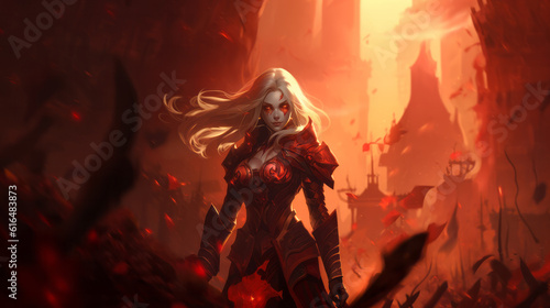 Illustration of a fantasy female blood elf in red armor © Keitma