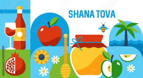Jewish holiday Rosh Hashanah modern background with honey jar, apples and pomegranate. Template for banner, poster or greeting card. Vector illustration