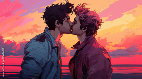 illustration of two gay guys kissing with synthwave colors sunset