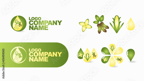 Logo for agricultural company or agri-food cooperative, includes icons and illustrations of corn, rapeseed, soybean, oil, etc. The design is 100% editable, ready to be used in any design project.