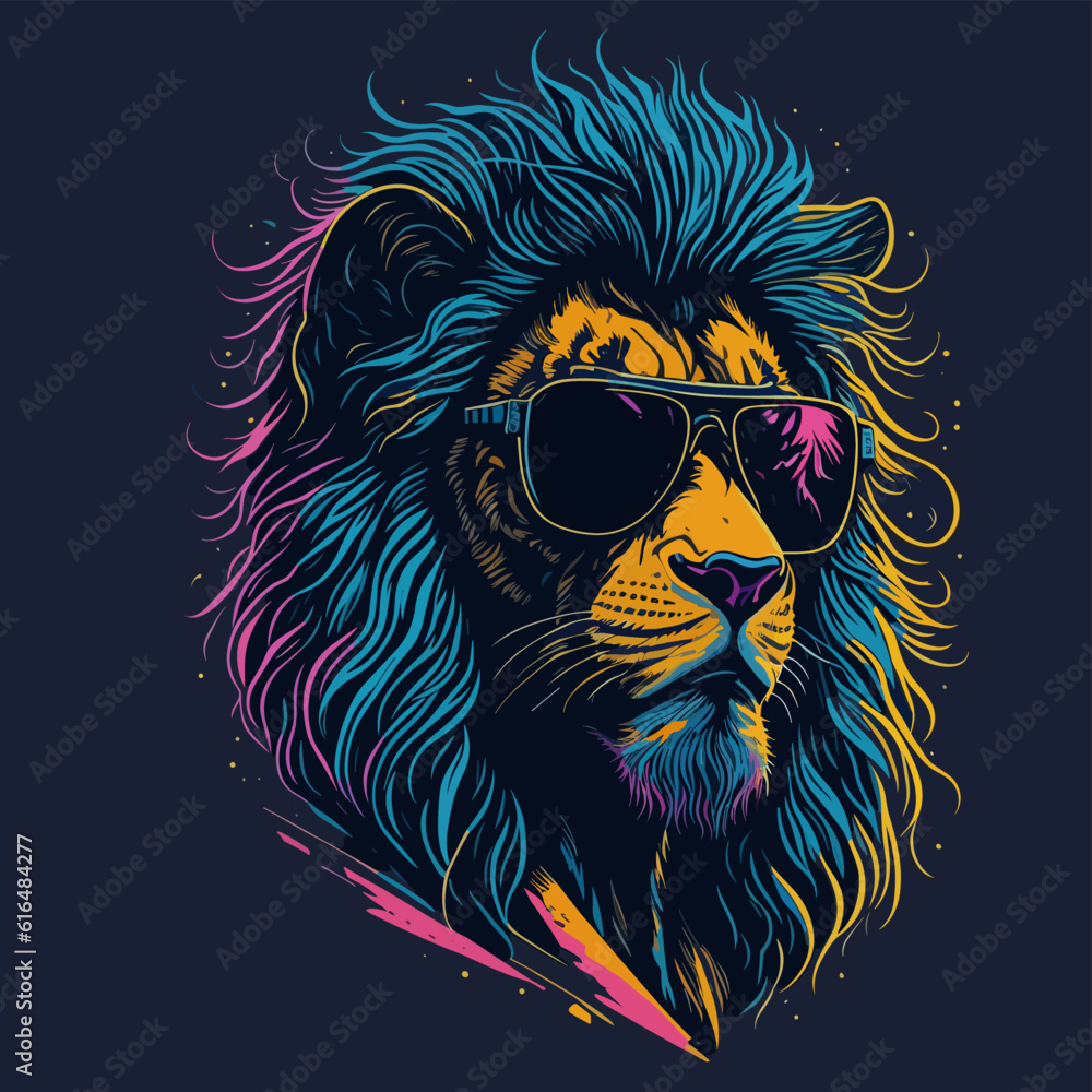 Obraz premium retro Lion Head with sunglasses vector illustration in graffiti sketch style for t shirt design, banner, poster, sticker
