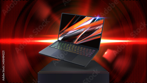 Thin gaming laptop with glowing RGB backlit keyboard vector illustration