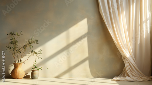 Minimalist backdrop with graceful curtain shadows casting a subtle pattern on a plain wall  creating a visually appealing setting for product presentations  natural light  affinity Generative AI
