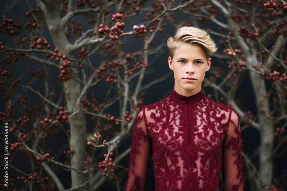 Fototapeta premium Young male model wearing red in front of trees.