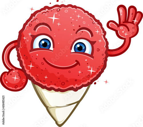 snow cone cartoon character a refreshing red cherry sweet frozen treat waving happily and sparkling on a hot summer day 
