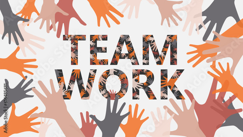 Background image of team work with illustration of many colorful hand discribe togertherness, group, meeting, team building