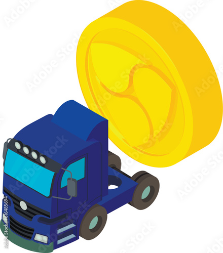 Nem cryptocurrency icon isometric vector. Big golden nem coin near truck icon. Digital money, cryptocurrency concept