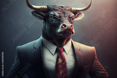 bull in business suit. created with generative AI technology